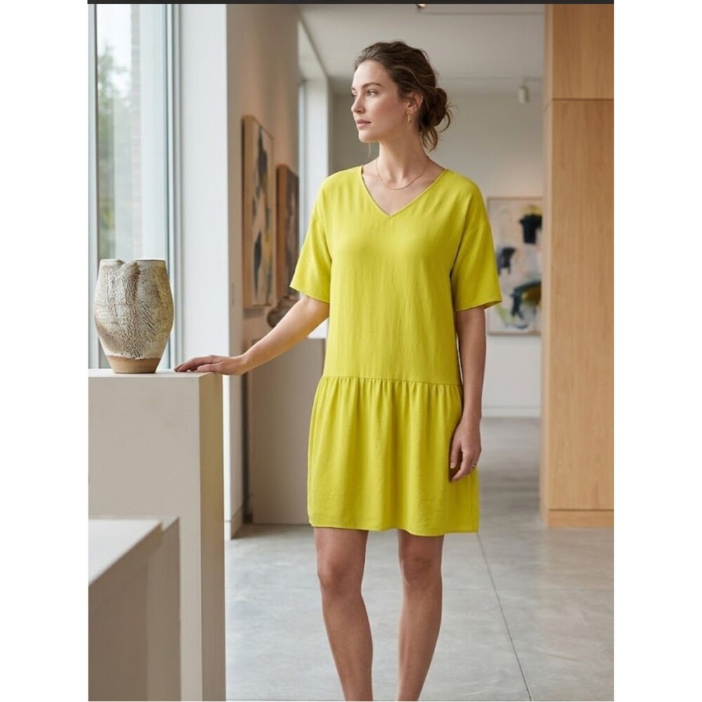 Eileen Fisher Yellow Viscose Crepe Drop Waist V-Neck Dress Size Small